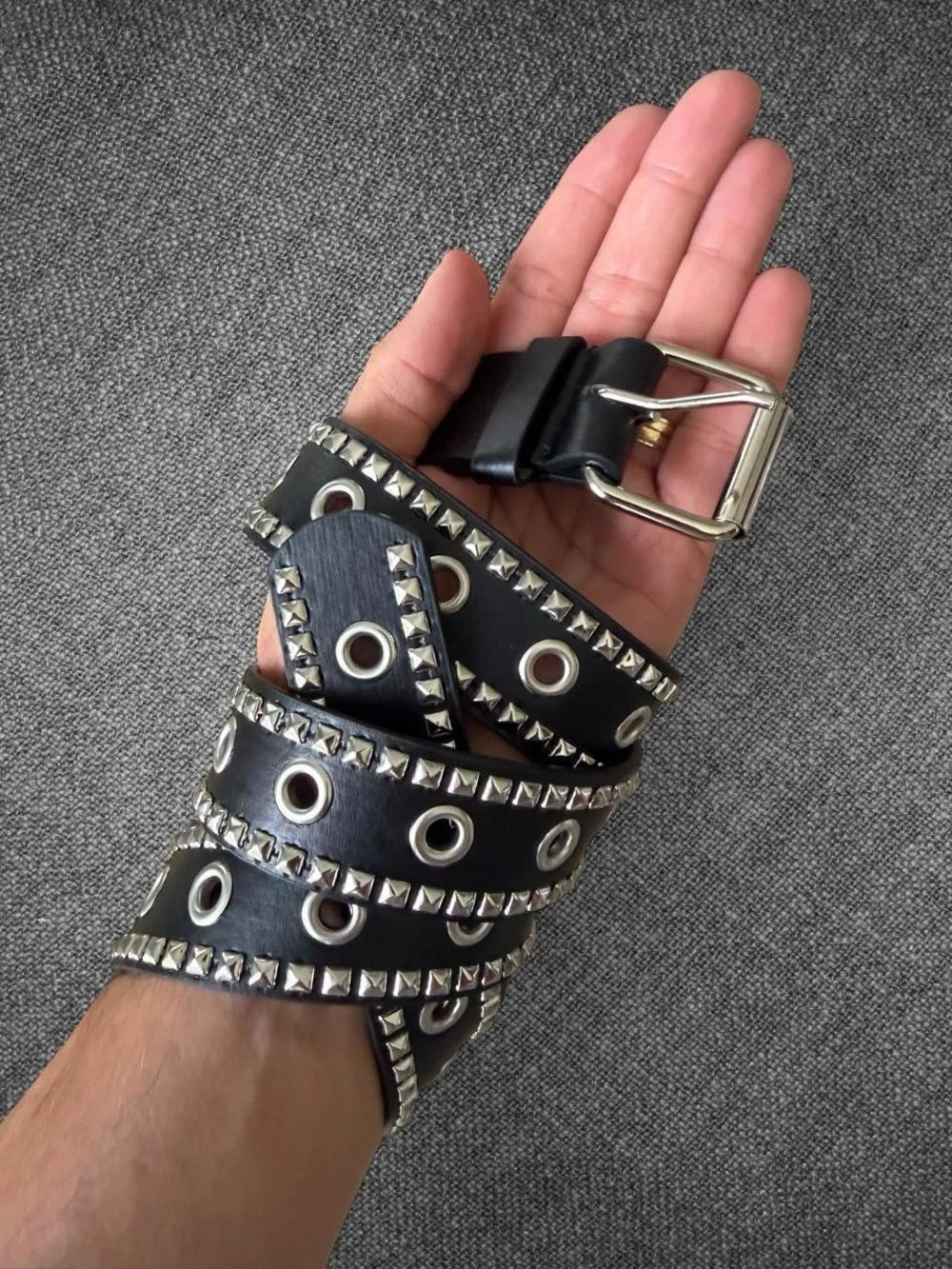 Black Faux Leather Wide Grommet Belt Silver Studded Punk Y2K 44 Inch